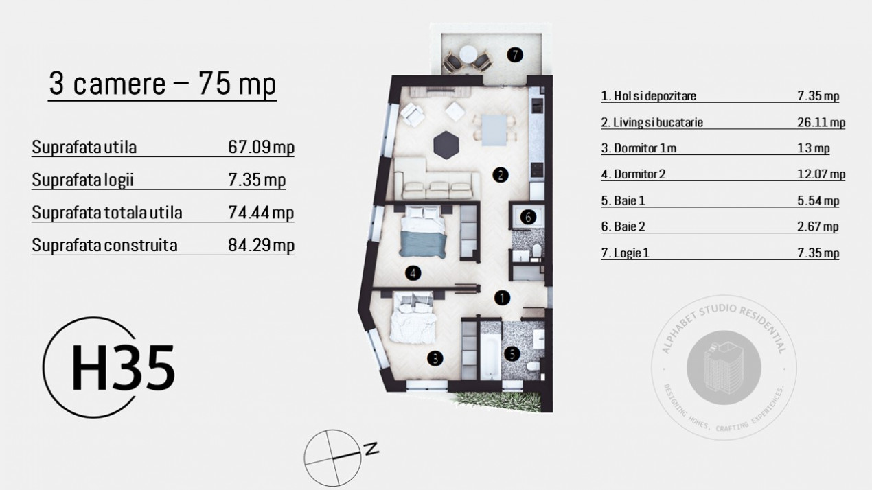 HELIADE INTRE VII - 3 CAMERE 75 MP, TERASA 7 MP, ETAJ 1, NZEB!